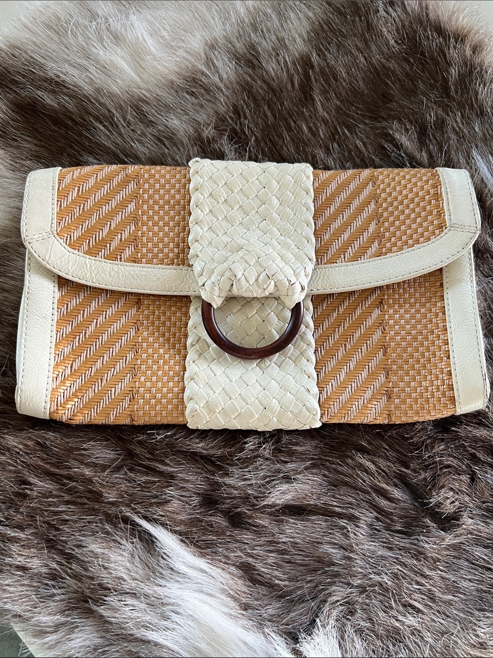 Cole Haan Woven Straw Clutch with Cream Trim and Ring Accent leather